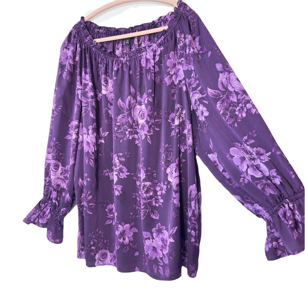 Talbots Women’s Size 2X Purple Floral Blouse Roses Elastic Neckline Long Sleeve